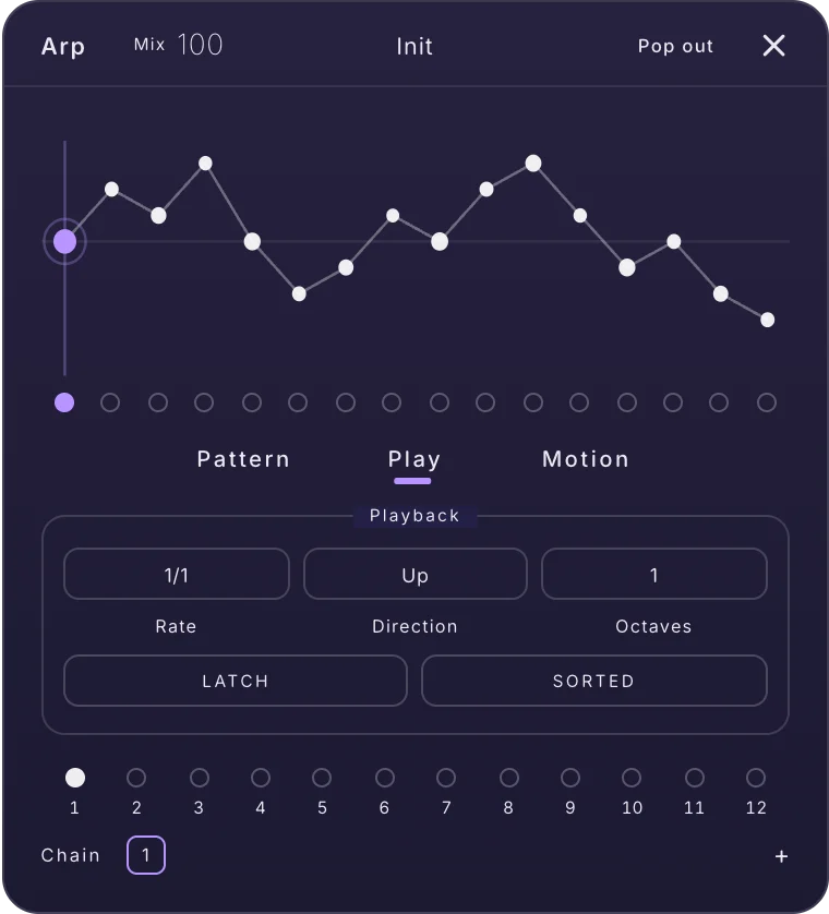 The Arp card on the Play tab: Rate, Direction and Octaves steppers with Latch and Sorted switches in the Playback box