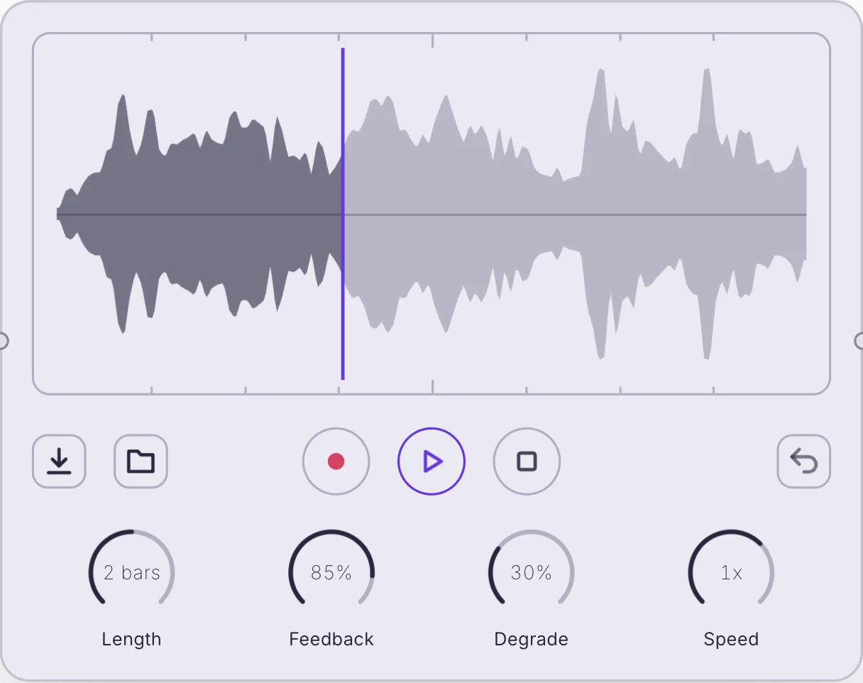 The Tape Deck module: a loop waveform with a playhead and beat ticks, Download, Folder, Record, Play, Stop and Undo buttons, and the Length, Feedback, Degrade and Speed knobs