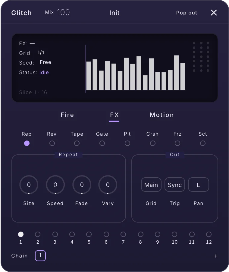 The Glitch card on the FX tab with Rep selected: Size, Speed, Fade and Vary in the Repeat box; Grid, Trig and Pan in the Out box