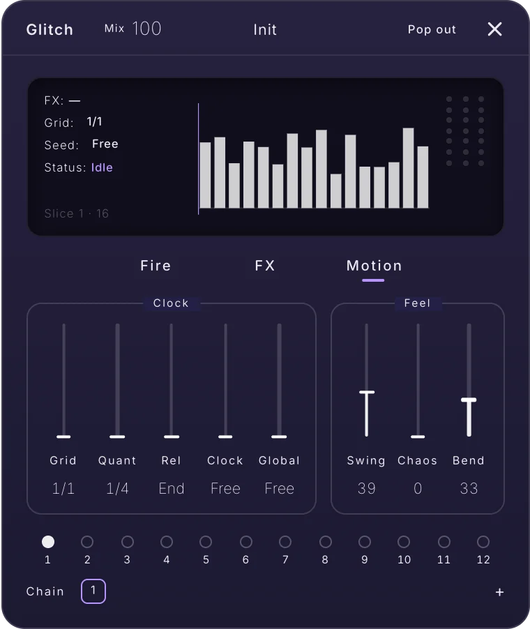 The Glitch card on the Motion tab: Grid, Quant, Rel, Clock and Global in the Clock box; Swing, Chaos and Bend in the Feel box
