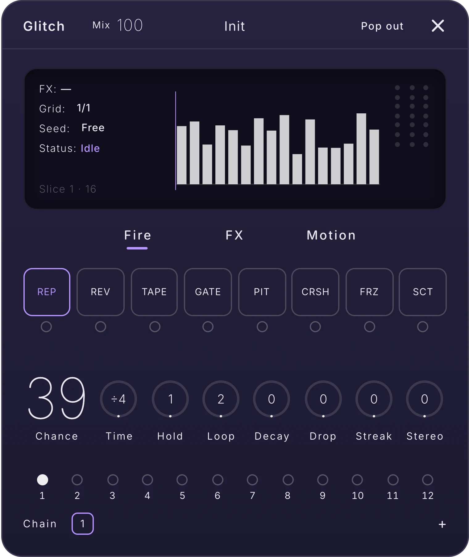 The Glitch card on the Fire tab: the monitor with FX, Grid, Seed and Status readouts, eight effect tiles, and Chance, Time, Hold, Loop, Decay, Drop, Streak and Stereo