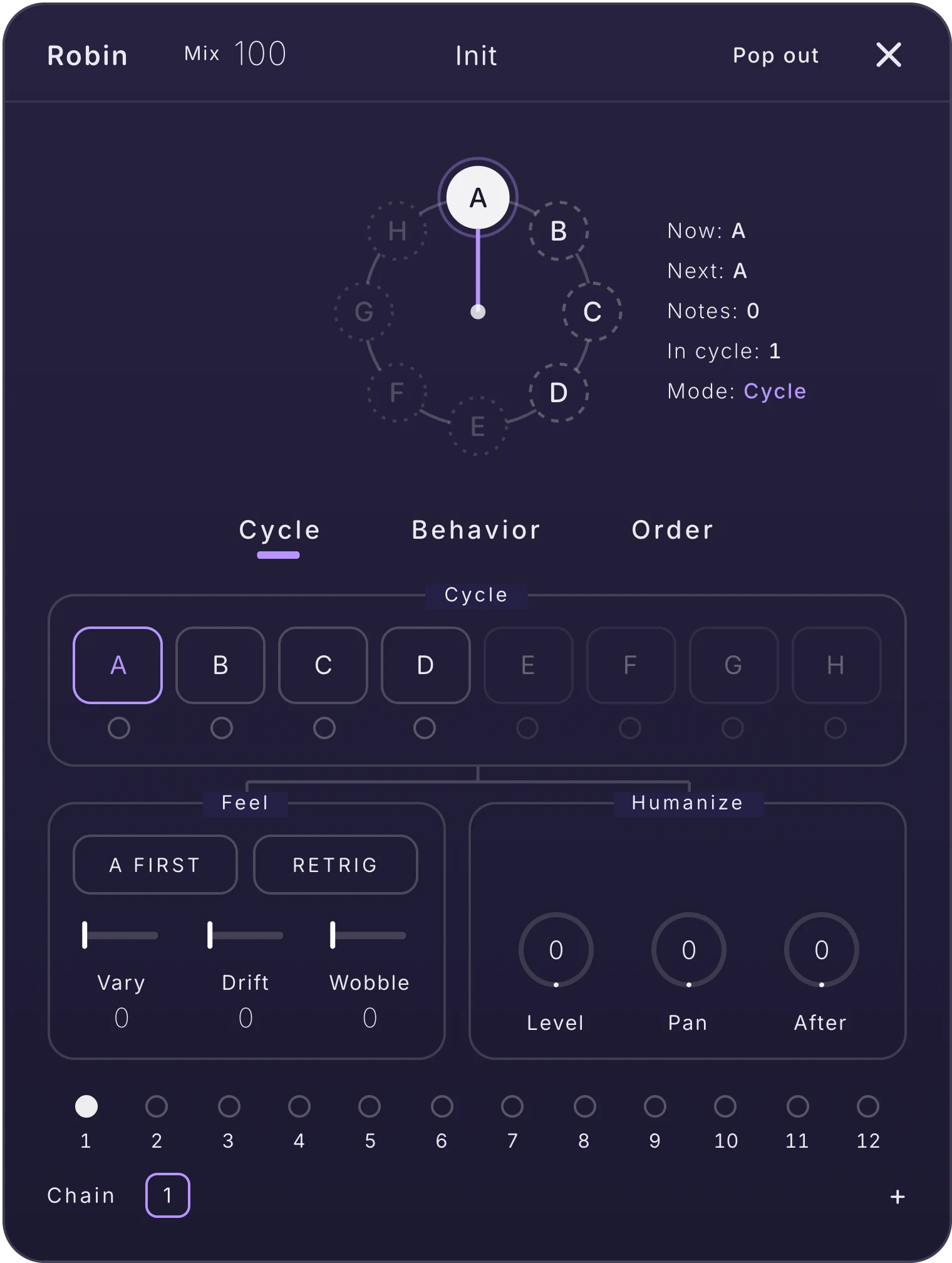 The Robin card on the Cycle tab: the station wheel A to H with its pointer, the Now, Next, Notes, In cycle and Mode readouts, the eight station buttons, the Feel and Humanize boxes