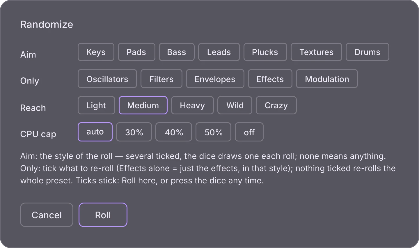 The Randomize sheet with chip rows Aim, Only, Reach and CPU cap, a note, and the Cancel and Roll buttons