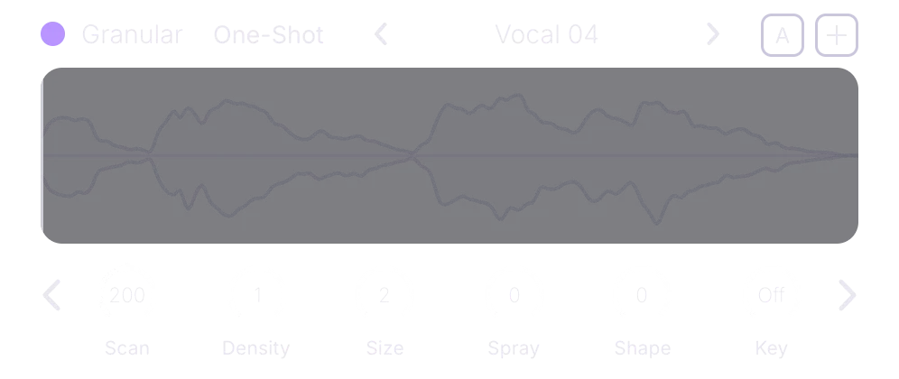 Oscillator A, Granular engine, front panel: waveform and knobs Scan, Density, Size, Spray, Shape and Key