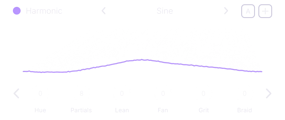 Oscillator A, Harmonic engine, front panel: the table name Sine, the display and knobs Hue, Partials, Lean, Fan, Grit and Braid