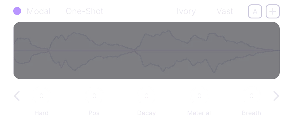 Oscillator A, Modal engine, front panel: the One-Shot pill, family Ivory, form Vast, the display, and knobs Hard, Pos, Decay, Material and Breath