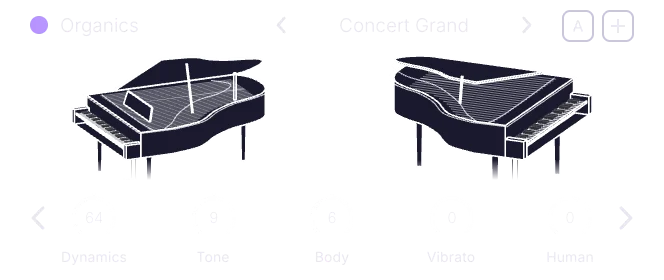 Oscillator A, Organics engine, front panel: the instrument name between arrows, a drawing of a grand piano, and knobs Dynamics, Tone, Body, Vibrato and Human