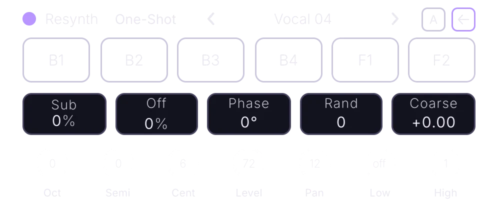 Oscillator A, Resynth engine, back panel with Low and High knobs
