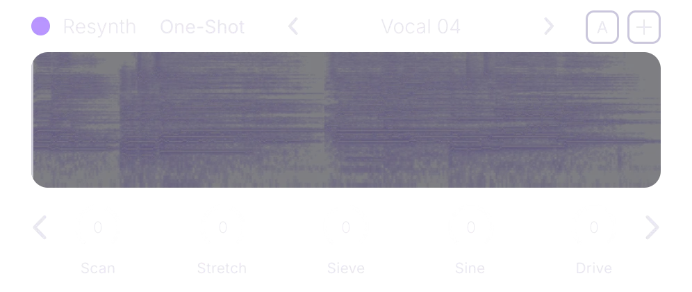 Oscillator A, Resynth engine, front panel: a spectrogram display and knobs Scan, Stretch, Sieve, Sine (the Shape knob showing its target) and Drive