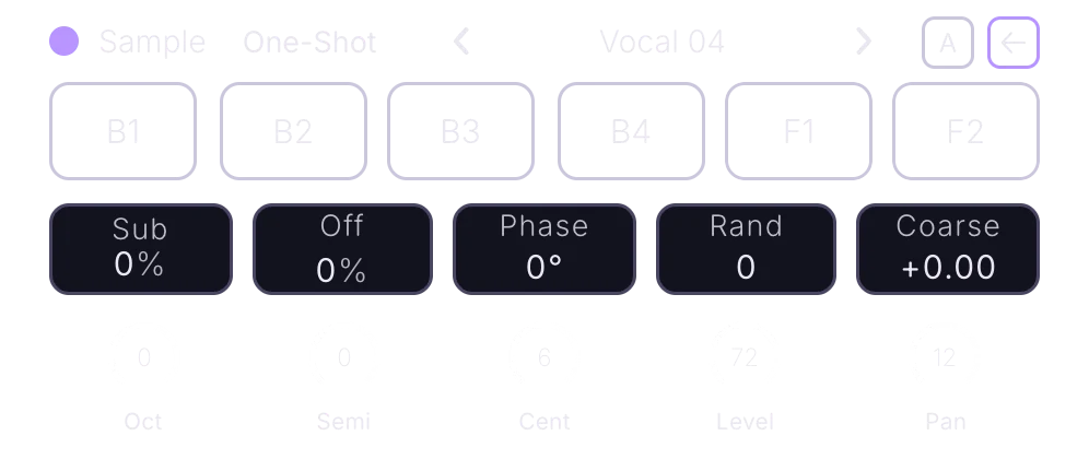 Oscillator A, Sample engine, back panel with blend slots, filter sends, the Sub, Off shaper, Phase, Rand and Coarse pills and the Oct, Semi, Cent, Level and Pan knobs