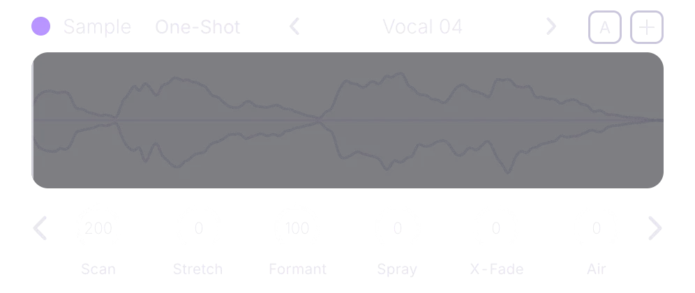 Oscillator A, Sample engine, front panel: the One-Shot playback pill, the sample name Vocal 04 between arrows, the waveform, and knobs Scan, Stretch, Formant, Spray, X-Fade and Air
