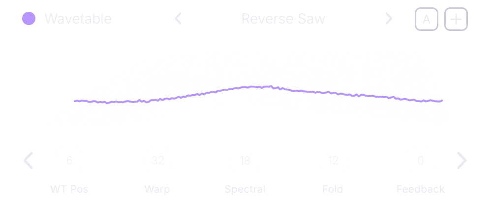 Oscillator A running the Wavetable engine, front panel: power dot, engine name, the table name between arrows, the A letter box, the plus swap button, the wave display and five knobs WT Pos, Warp, Spectral, Fold and Feedback between two arrows
