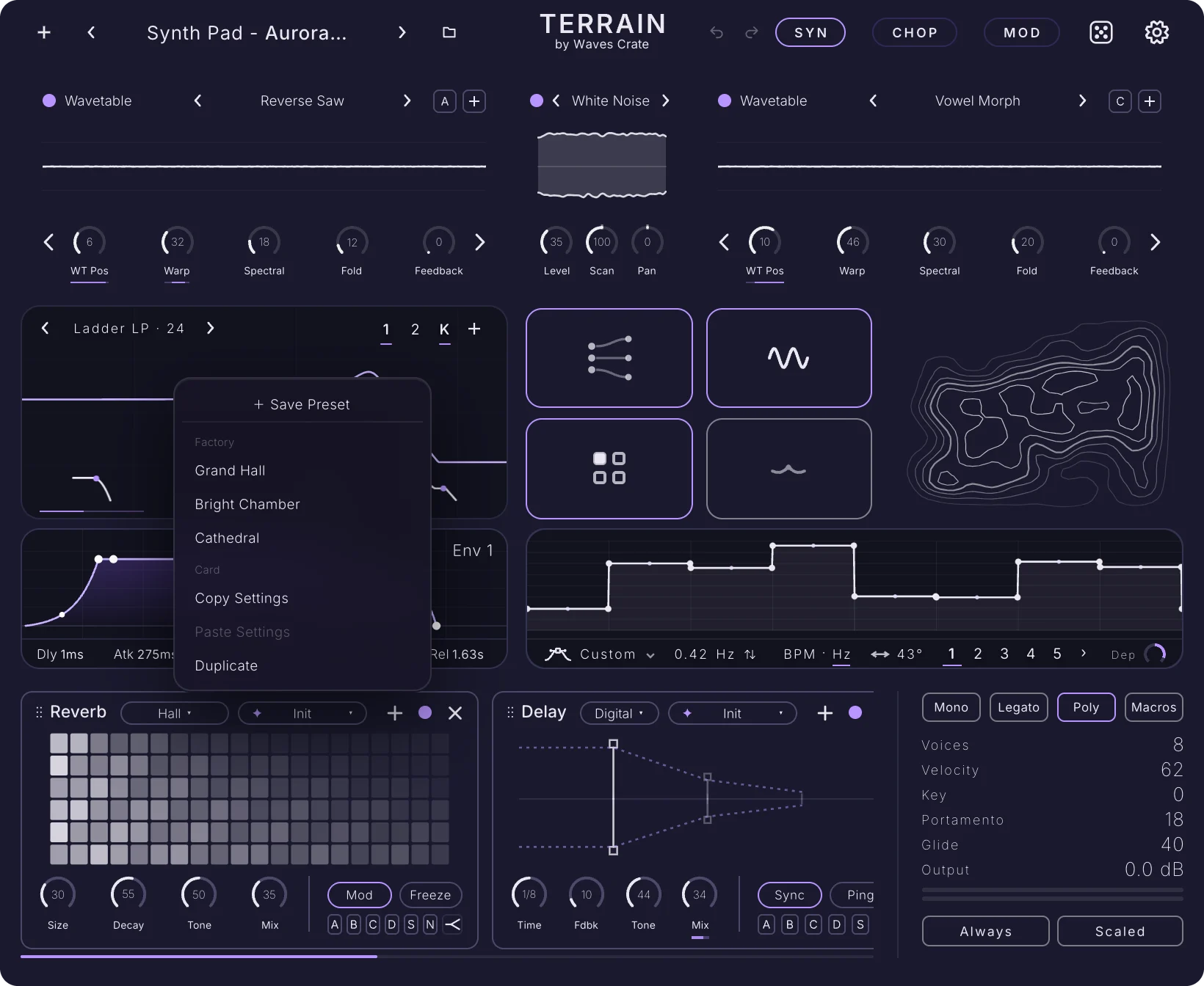 The SYN page with the Reverb card's preset menu open, showing Save Preset, Factory presets and the Card actions