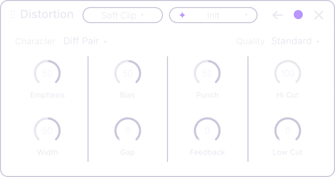 Distortion card back on Soft Clip with Character, Quality and eight knobs