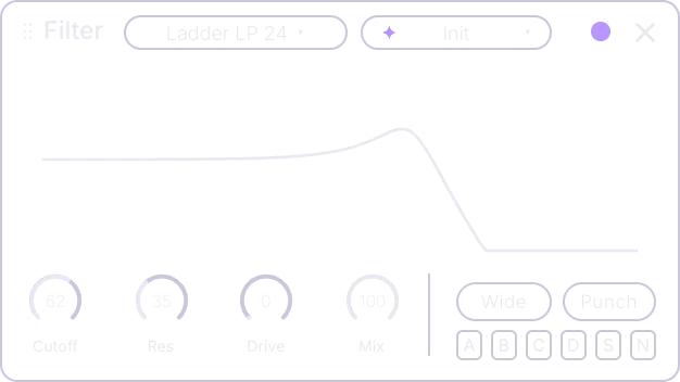 Filter effect card, front panel with its response curve