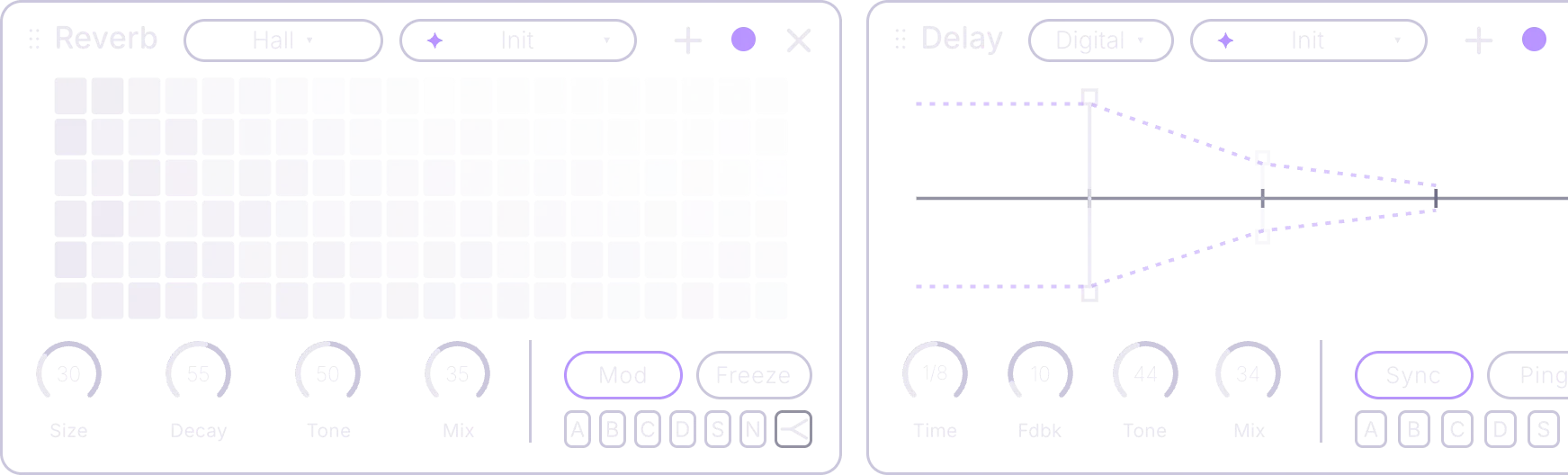 The FX rack on the SYN page with a Reverb card followed by a Delay card