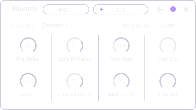Reverb card back panel with Character, Mod Mode and eight knobs