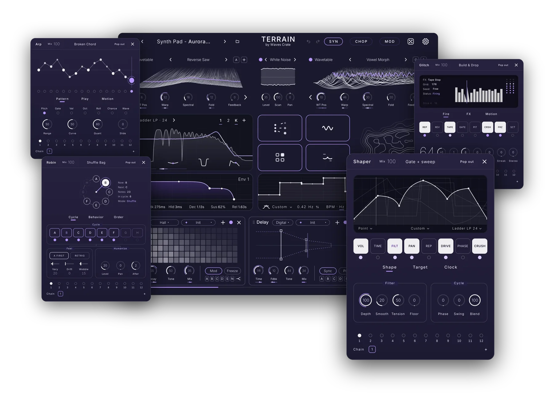 The SYN window with the Shaper card popped out in front and the Arp, Robin and Glitch cards floating around it