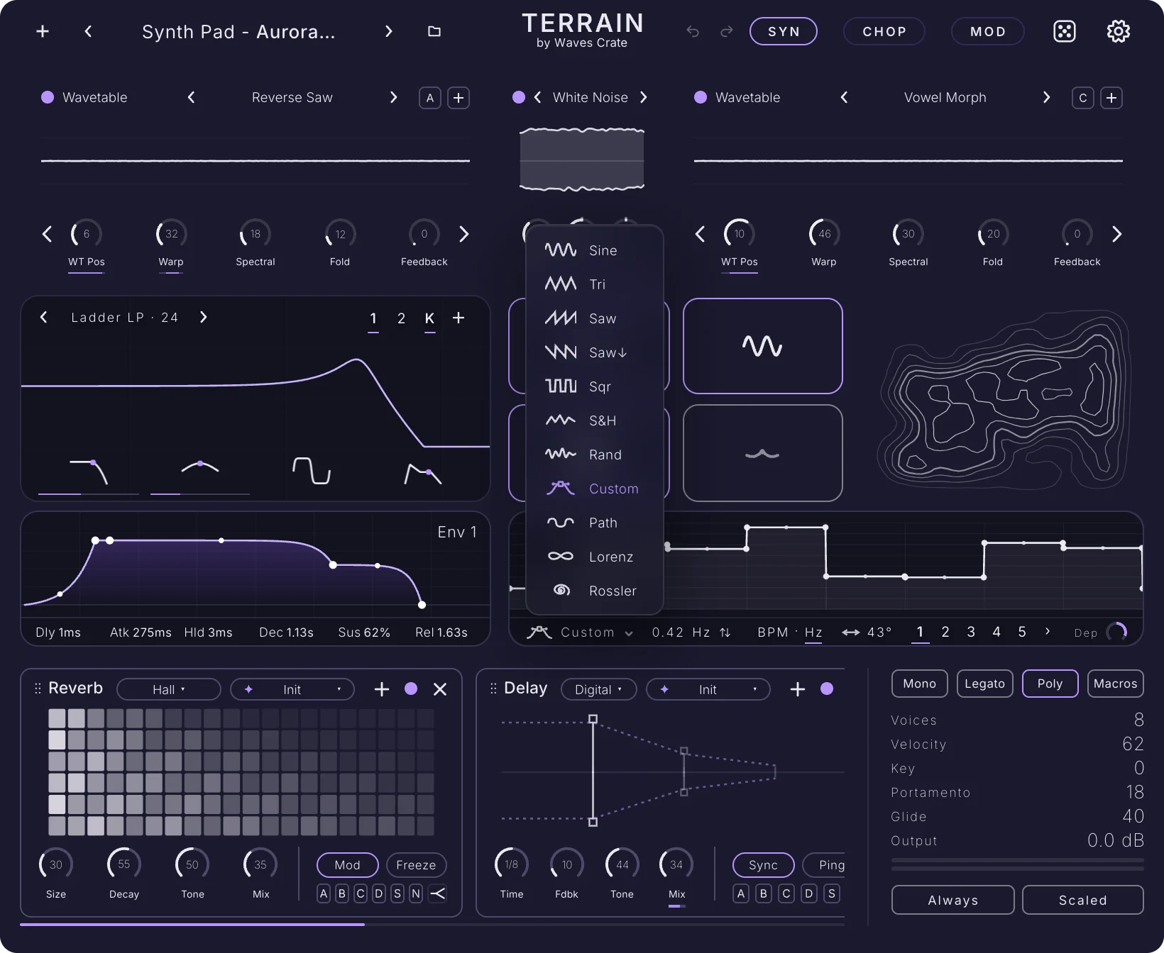 The LFO shape menu open on the LFO panel