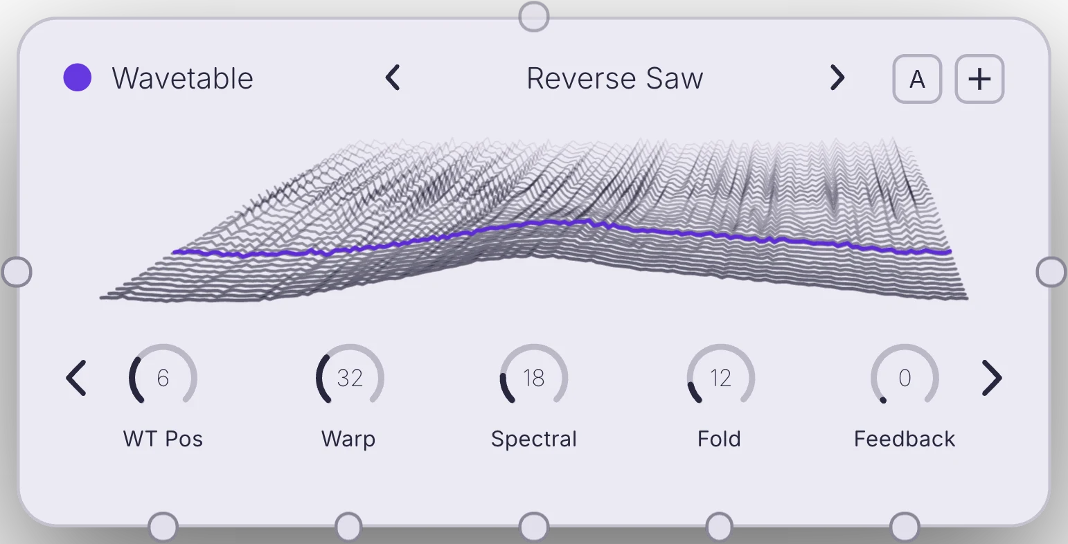 Oscillator A as a Patcher node showing the 3D waterfall: every frame of the Reverse Saw table stacked in depth, the playing frame drawn in purple
