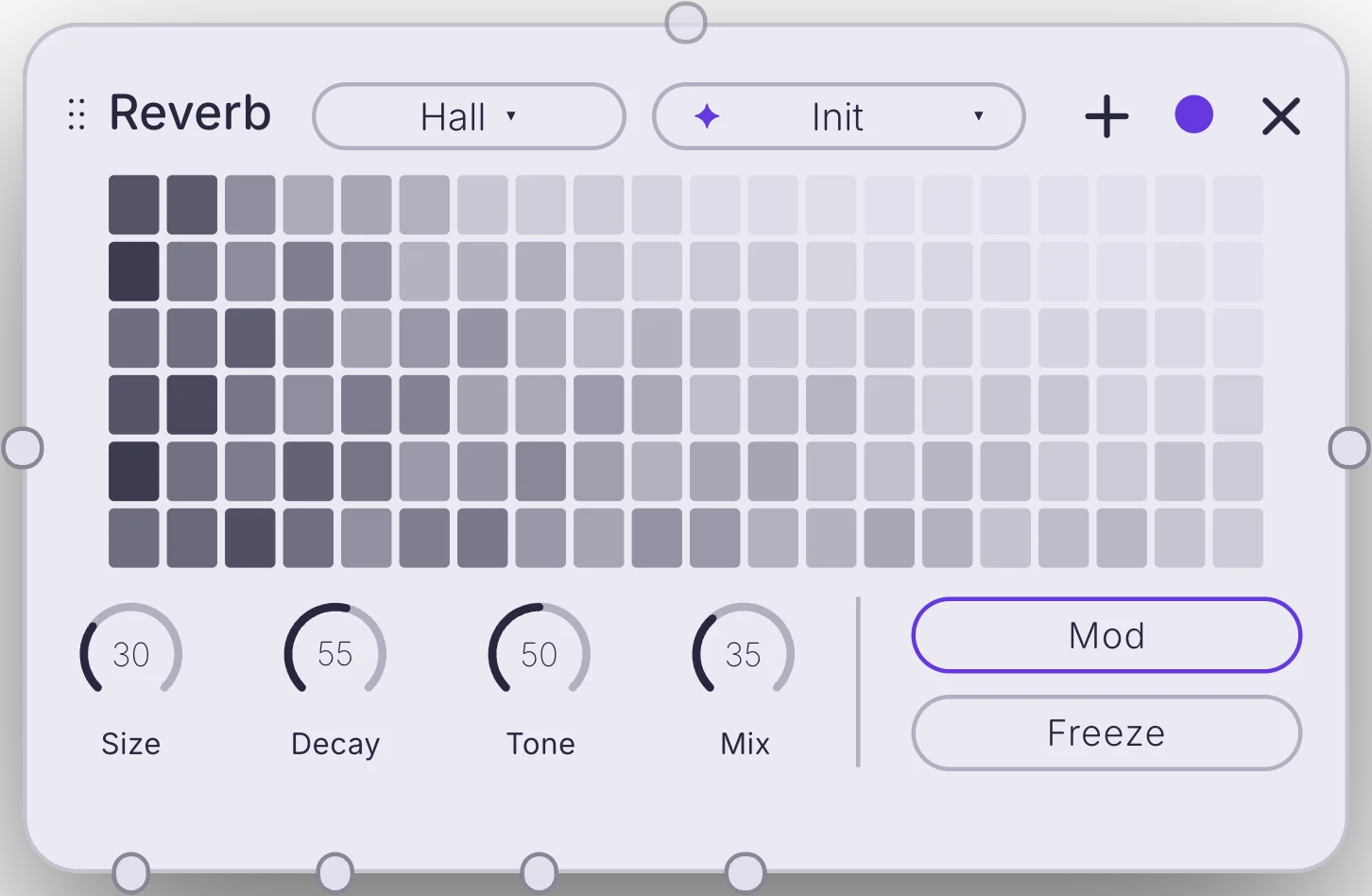 The Reverb effect module: Hall type, Init preset, the reverb picture, Size, Decay, Tone and Mix knobs, Mod and Freeze pills, with ports on both sides, on top and under the knobs