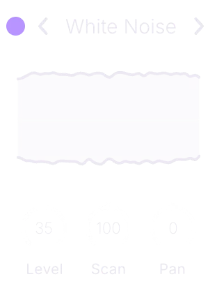 The noise strip: a power dot, arrows around the name White Noise, the noise display, and three knobs Level, Scan and Pan