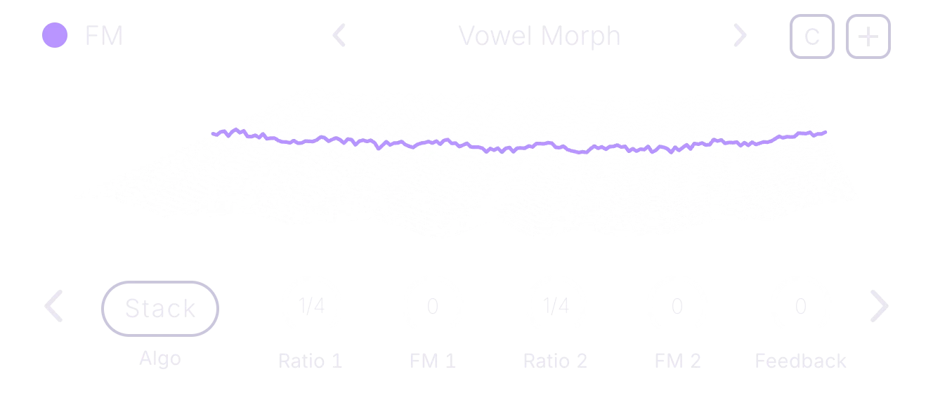 Oscillator C on the FM engine, front panel: the Vowel Morph table, the wave, and the Algo pill Stack followed by Ratio 1, FM 1, Ratio 2, FM 2 and Feedback