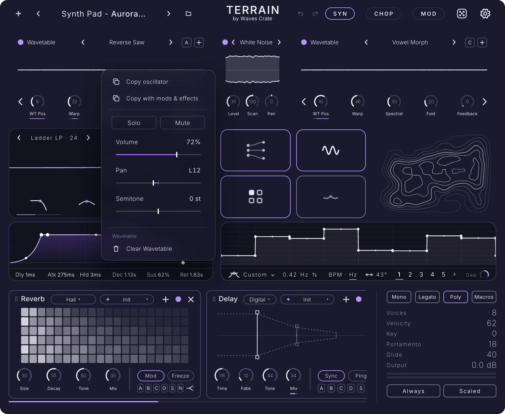 The full Terrain window on the SYN page: Oscillator A on the left, the noise strip in the middle, Oscillator C on the right, with the oscillator quick menu open over Osc A