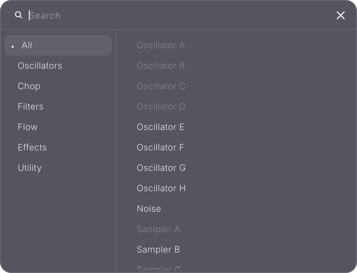 The Patcher module browser: a search field, the shelves All, Oscillators, Chop, Filters, Flow, Effects and Utility, and a list starting with Oscillator A to H, Noise and Samplers, some greyed out