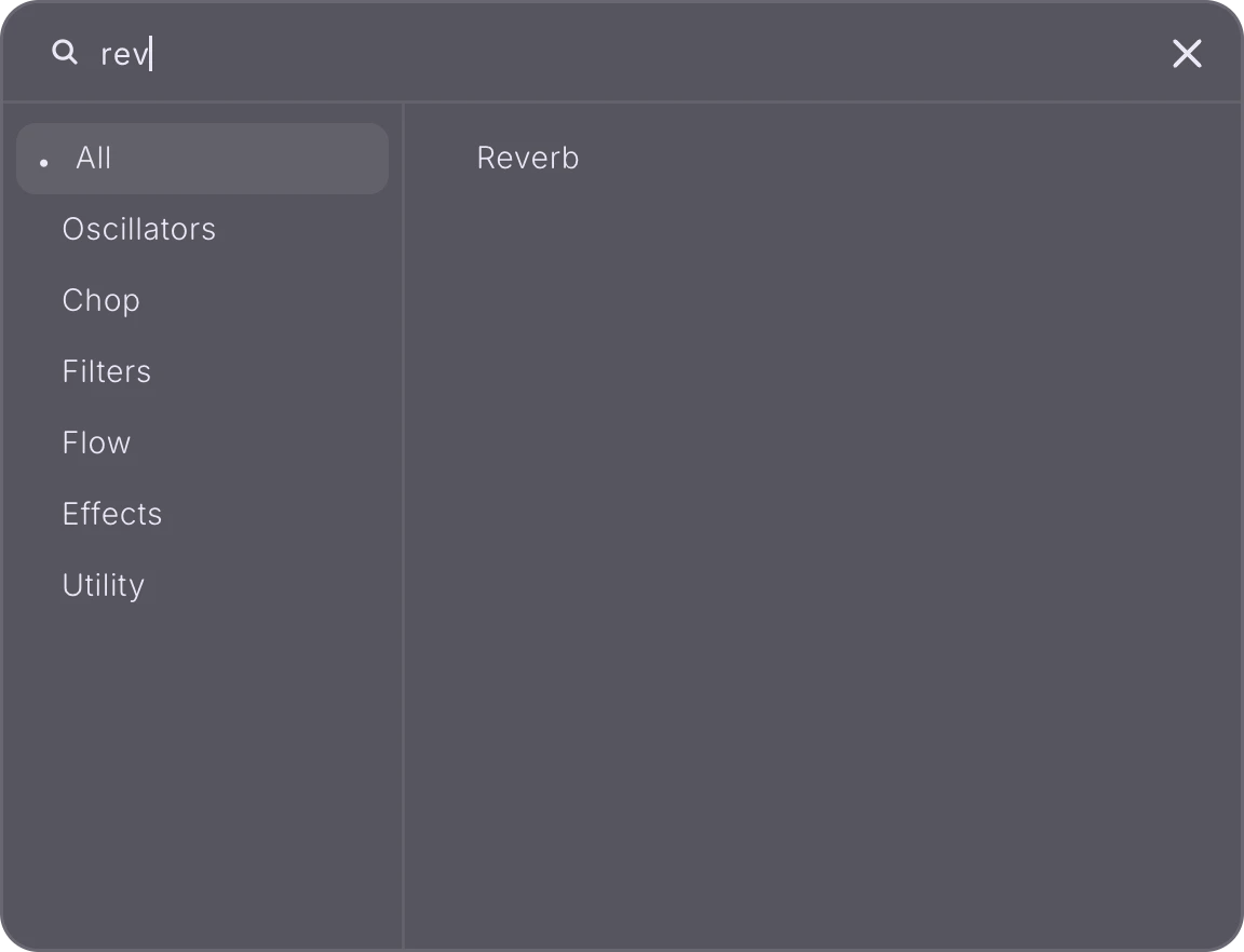 The Patcher module browser with rev typed in the search field, showing Reverb