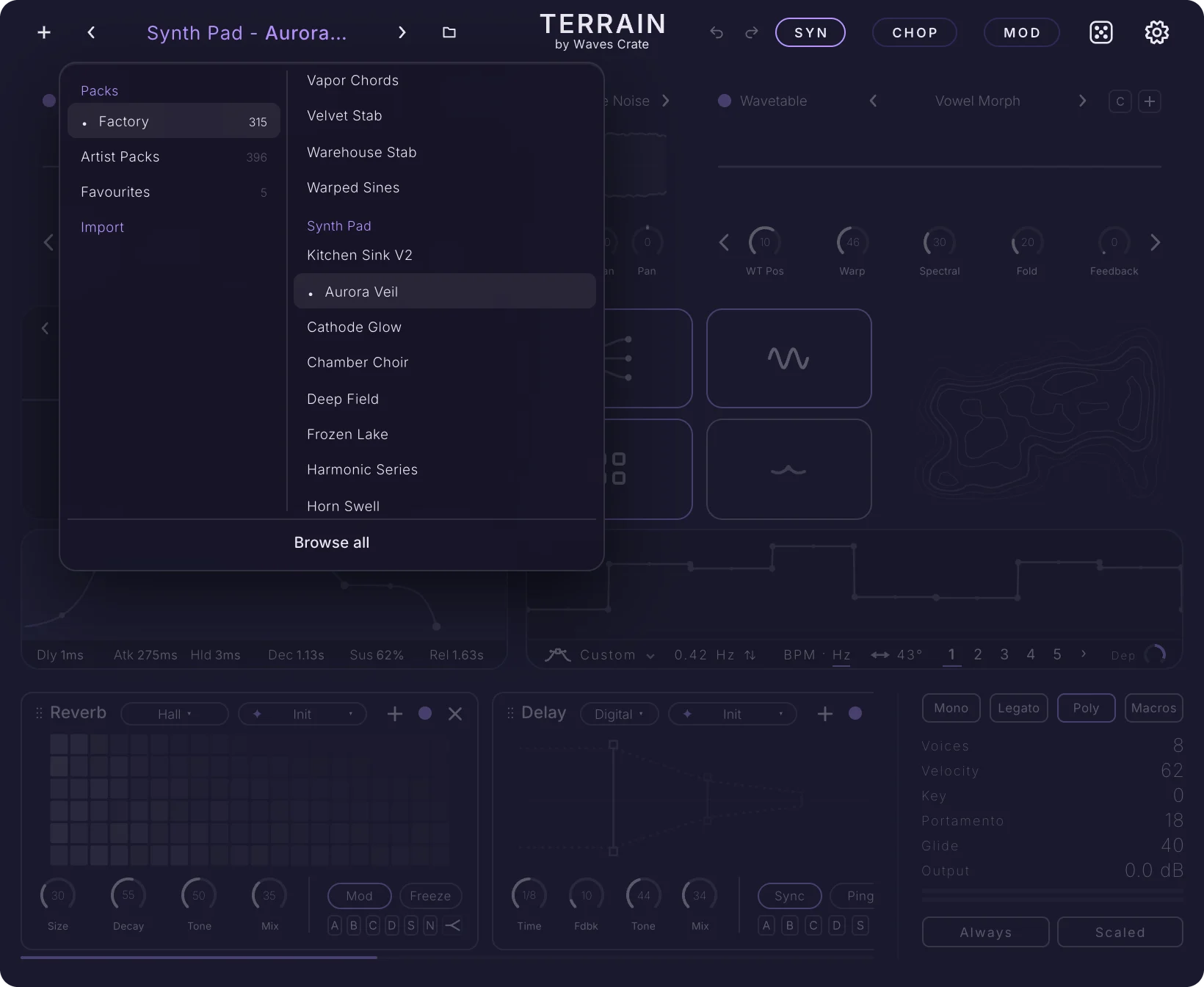 The preset quick menu open under the preset name