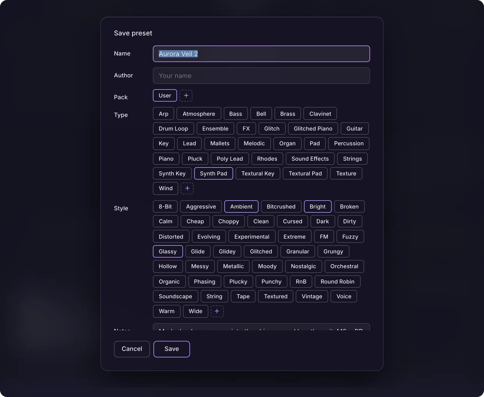 The Save preset sheet with fields for Name, Author, Pack, Type, Style, Notes and what the preset carries, and Cancel and Save buttons