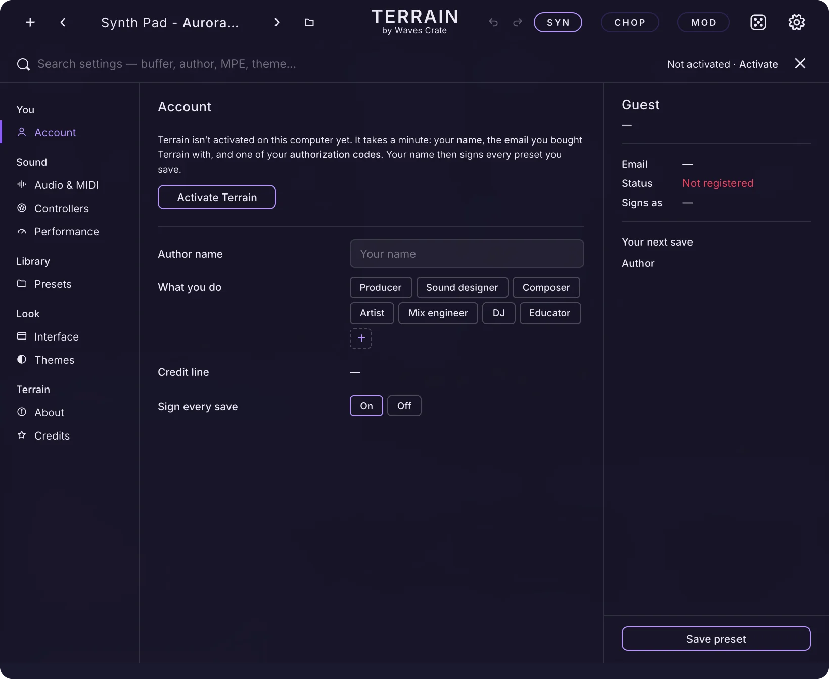 Settings, Account page: the licence block, the author name, the role chips, the credit line and the privacy switch
