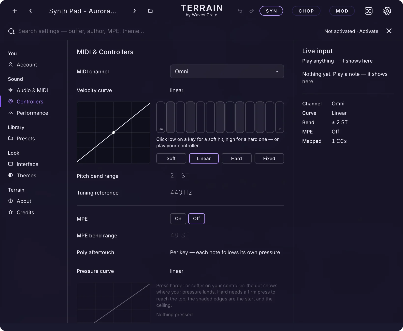 Settings, Controllers page: MIDI channel, the velocity curve with its test keys, pitch bend, tuning, MPE rows, the pressure curve and the MIDI learn list