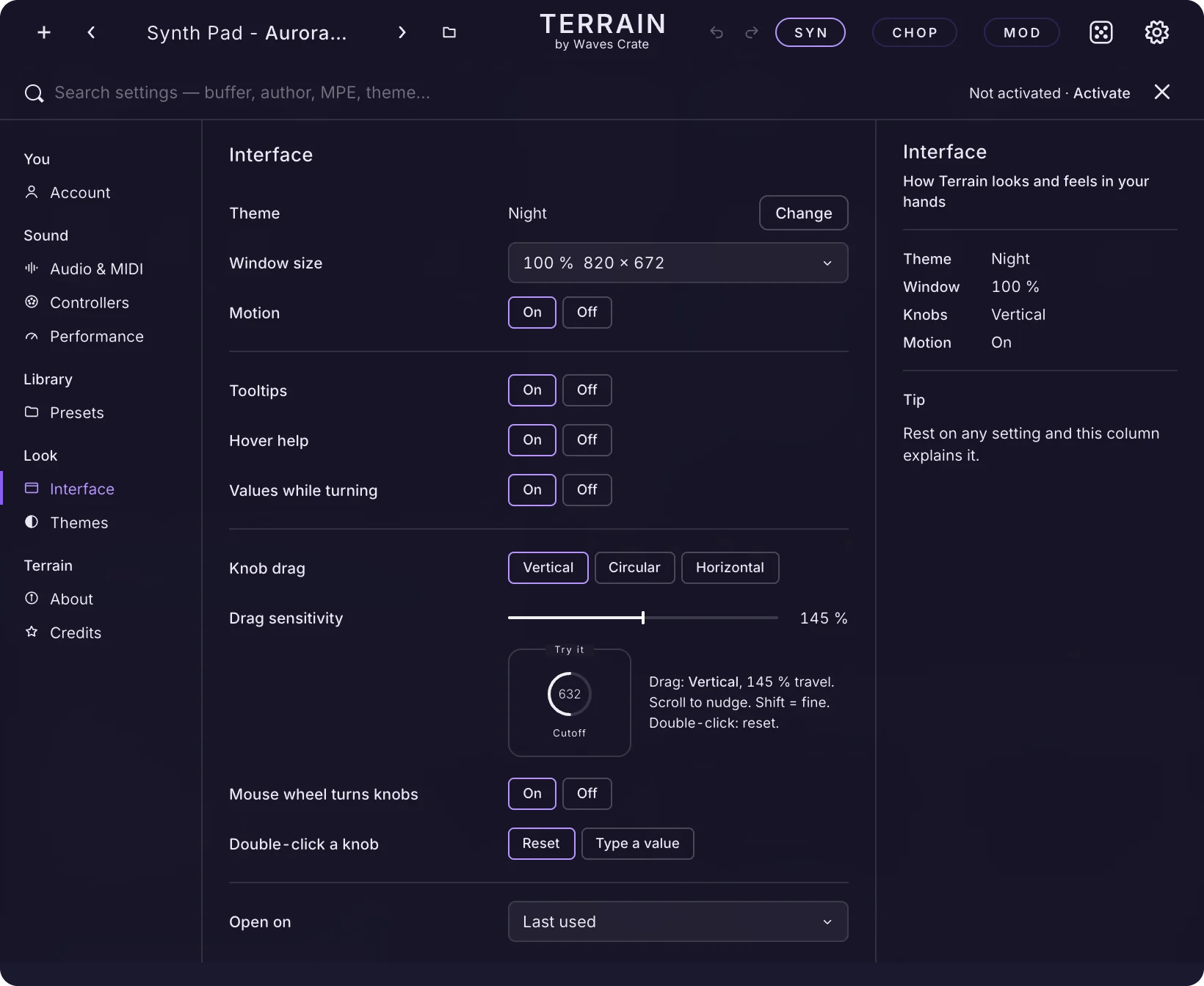 Settings, Interface page: theme, window size, motion, help switches, knob drag chips, sensitivity, the Try it knob and the Open on menu
