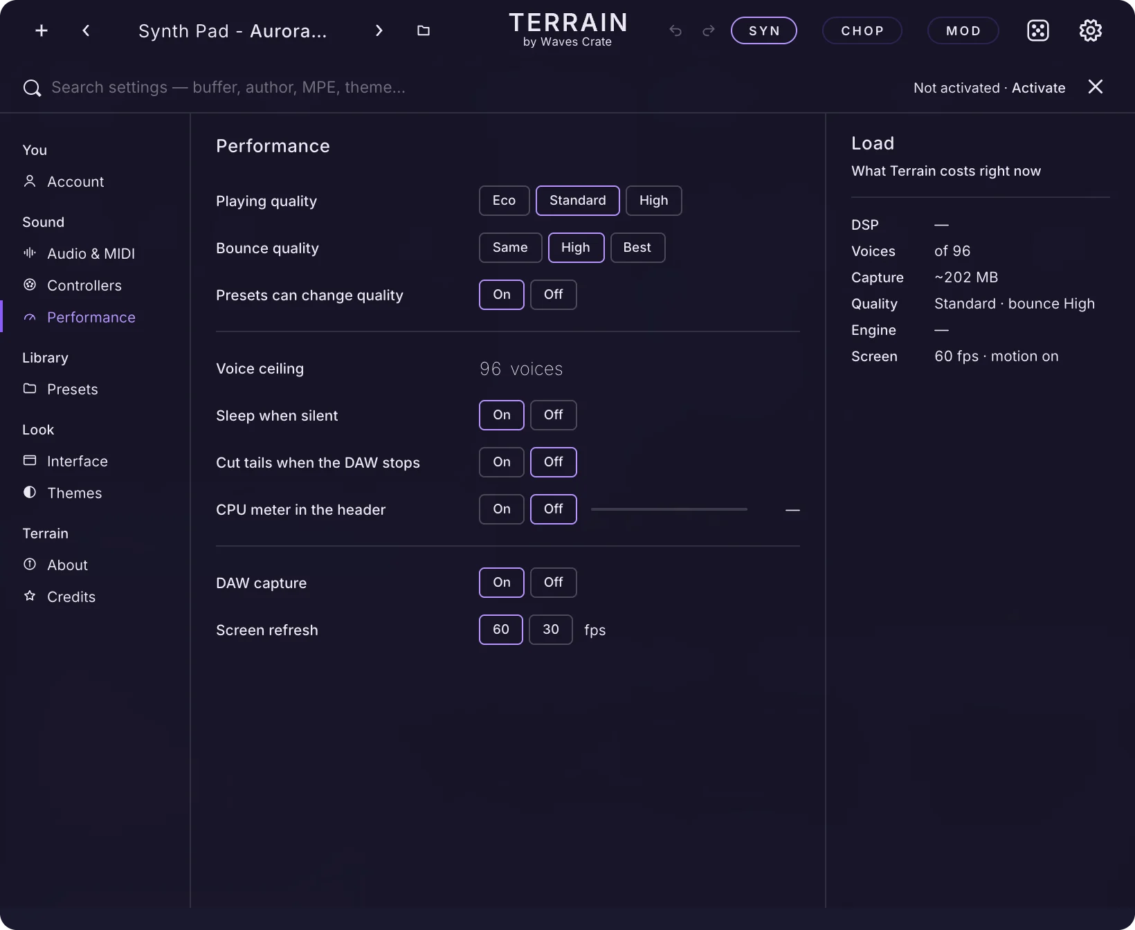 Settings, Performance page: quality chips, voice ceiling, sleep, cut tails, the CPU meter, DAW capture and screen refresh