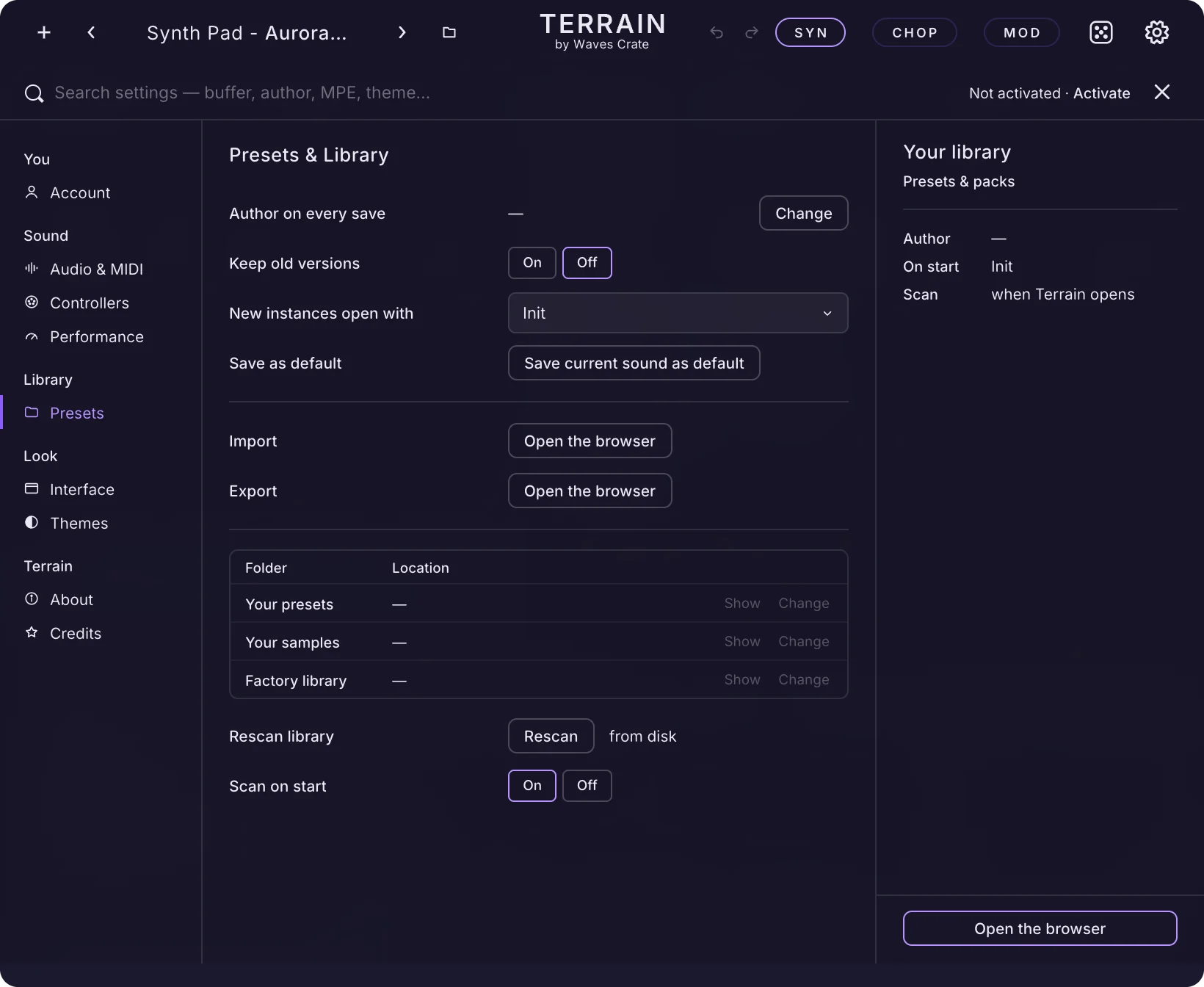 Settings, Presets page: saving rows, import and export buttons, the folders list and rescan
