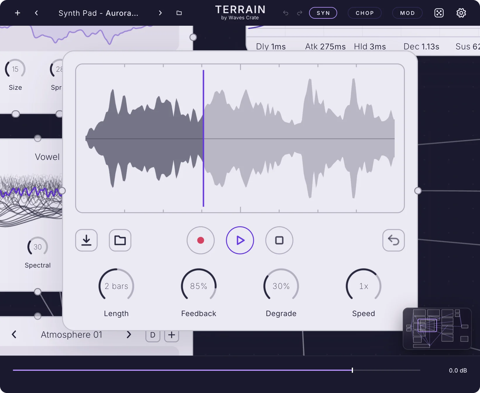 The Terrain window with the Patcher open and the Tape Deck module in front: a recorded loop, the transport row and four knobs