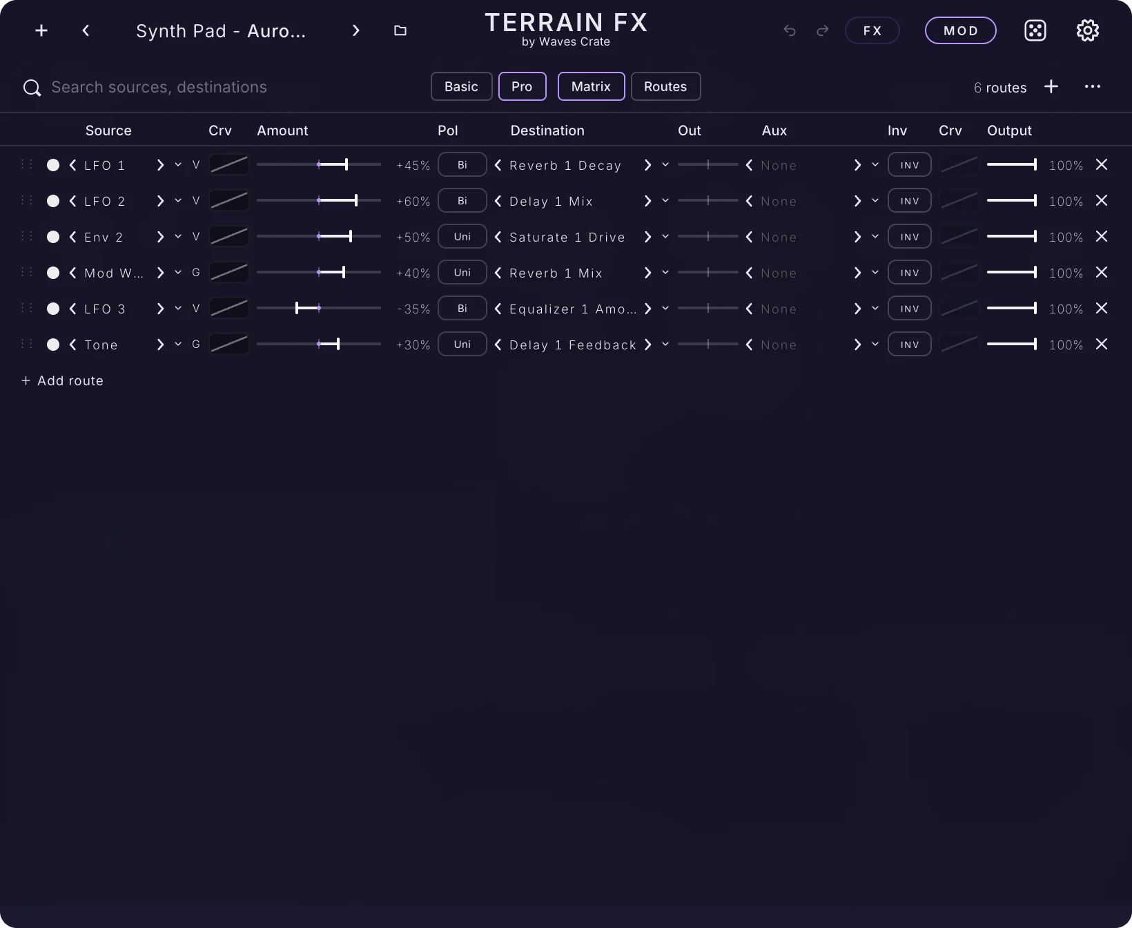 The Terrain FX MOD page in the Pro matrix view: six routes from LFOs, an envelope and other sources to reverb, delay, distortion and equalizer knobs