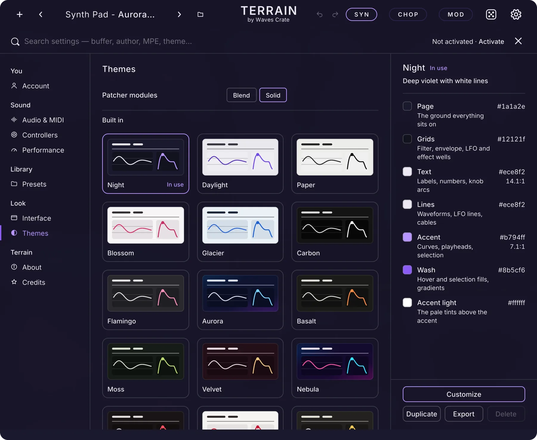 The Settings window open on the Themes page, with the search field on top, the page rail on the left, the theme grid in the middle and the Night theme's palette on the right